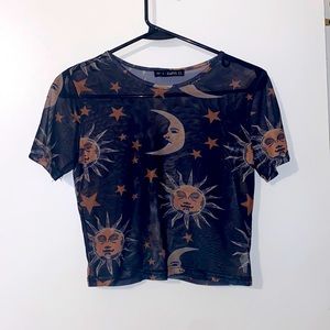 Zaful Black Mesh See Through Sun/Moon Crop T-Shirt (L)
